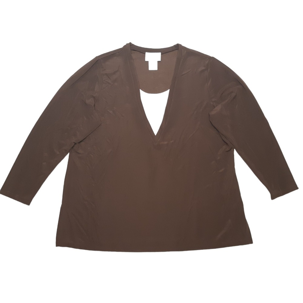 Vintage Susan Graver Style‎ Blouse Plus 2X Brown V Neck Layered Look Top USA